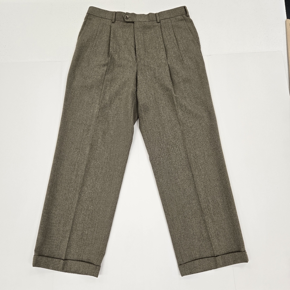Bill Blass Dress Pants Men's 36x30 Brown Twill Pleated Cuffed Polyester Wool